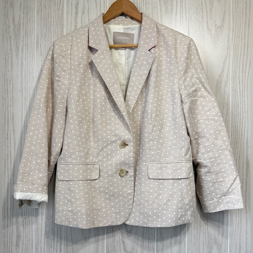 Banana Republic Tan Lined Polka Dot Blazer Size 14 Linen Blend Two Button LNC